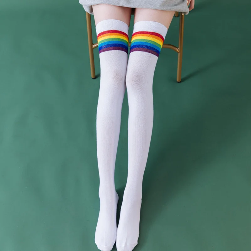 Rainbow Thigh High Tube Socks - White - Image 5