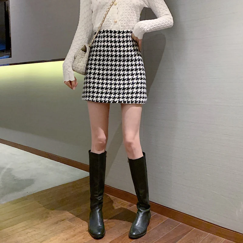 Retro Houndstooth Woolen Skirt - Image 11