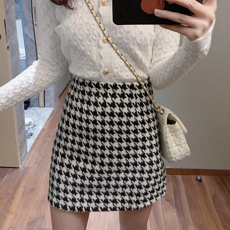 Retro Houndstooth Woolen Skirt - Image 7