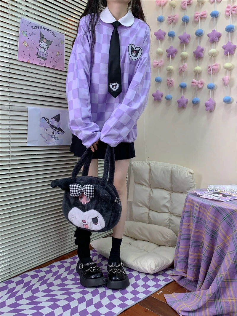 Sanriocore Kawaii Kuromi Purple Checker Sweatshirt - Image 16