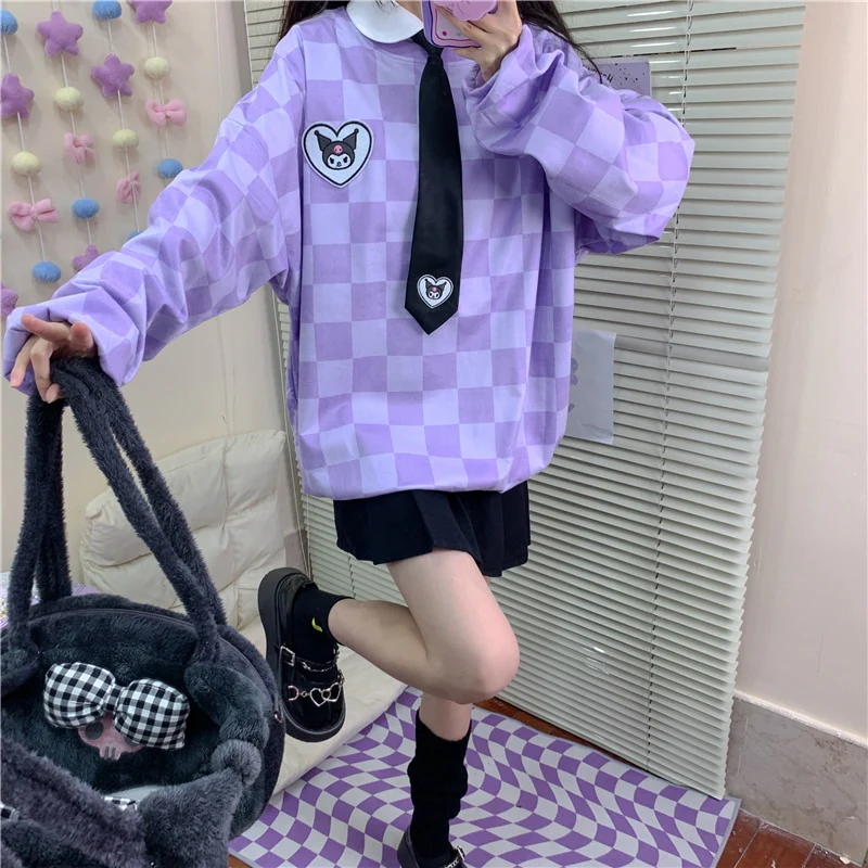 Sanriocore Kawaii Kuromi Purple Checker Sweatshirt - Image 18