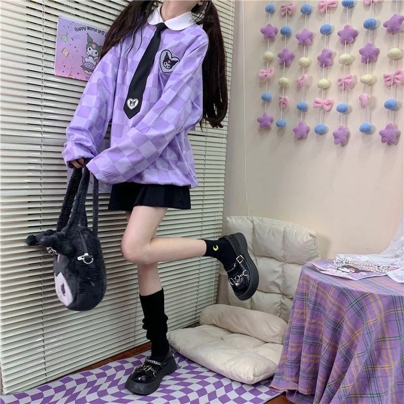 Sanriocore Kawaii Kuromi Purple Checker Sweatshirt - Image 3