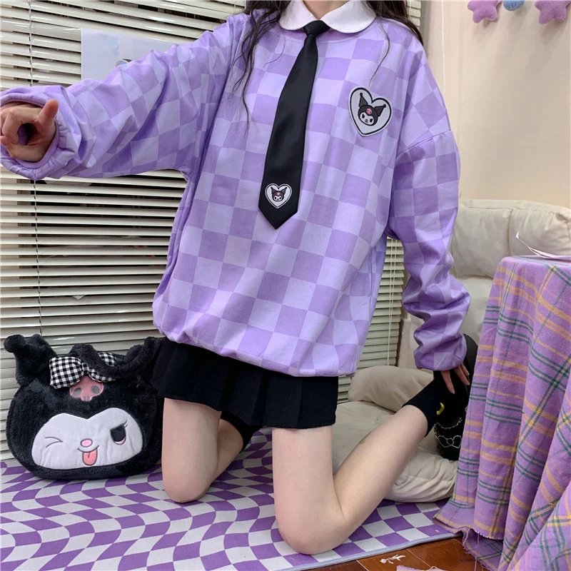 Sanriocore Kawaii Kuromi Purple Checker Sweatshirt - Image 5