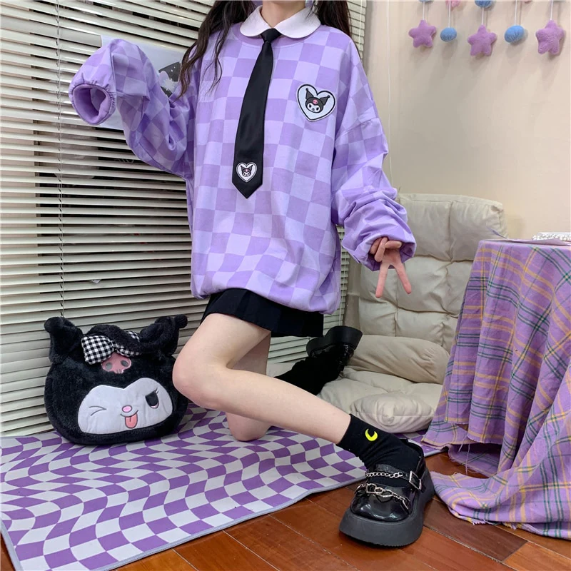 Sanriocore Kawaii Kuromi Purple Checker Sweatshirt - Image 6