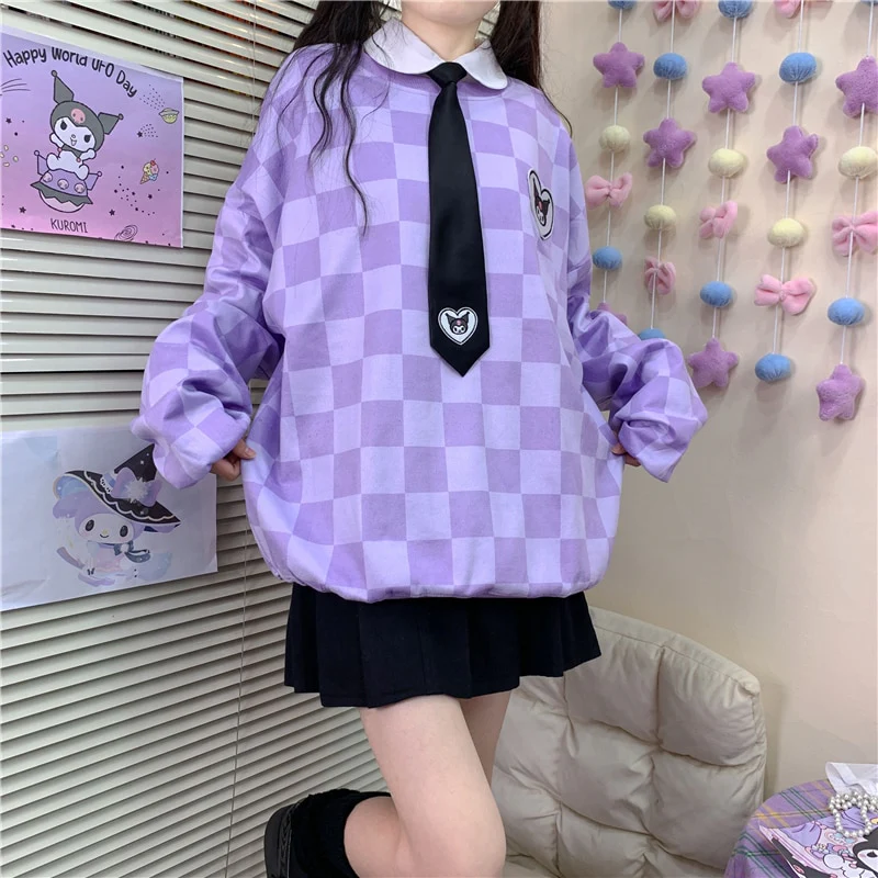 Sanriocore Kawaii Kuromi Purple Checker Sweatshirt - Image 7