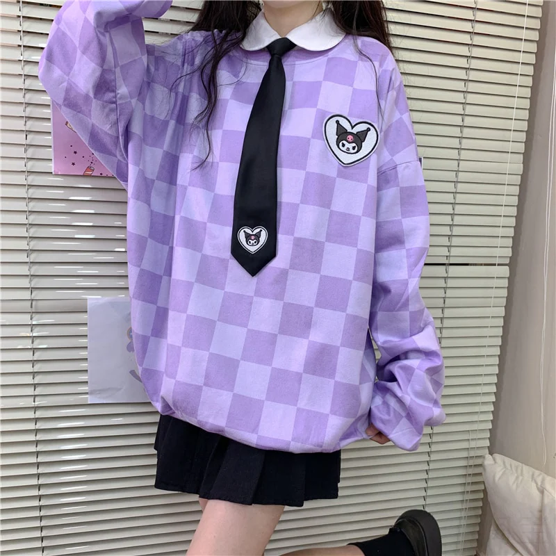 Sanriocore Kawaii Kuromi Purple Checker Sweatshirt - Image 8