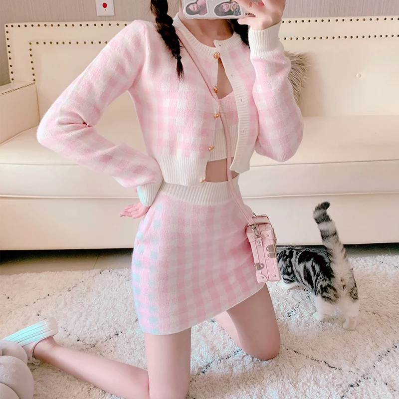 Soft Girl Knitted Cardigan Skirt 3-piece Set Pink