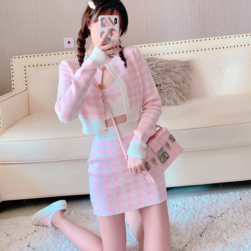 Soft Girl Knitted Cardigan Skirt 3-piece Set Pink - Image 2