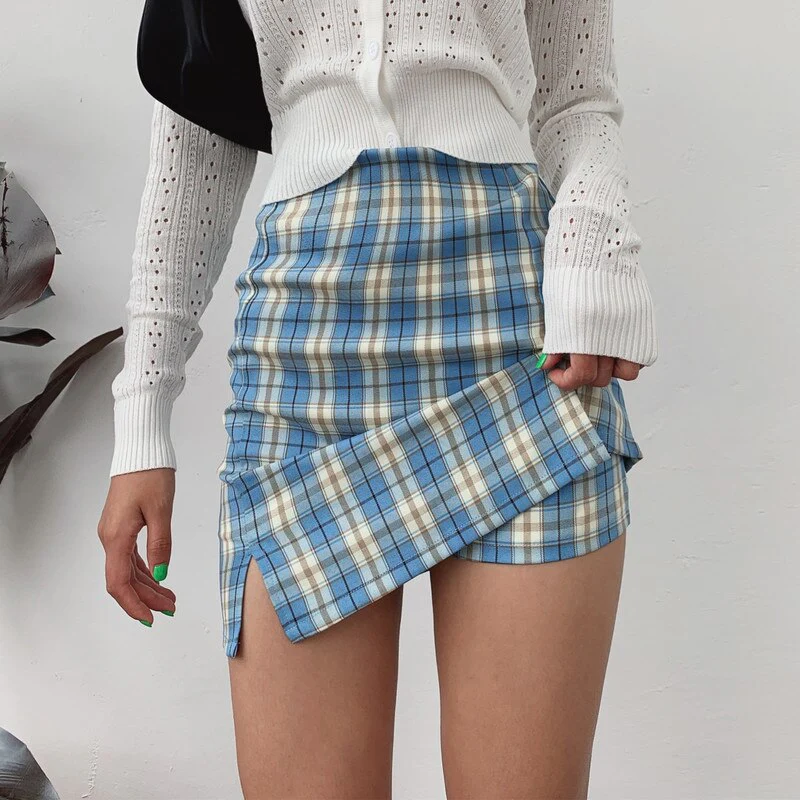Korean Split Mini Plaid Skirt with Shorts - Image 18