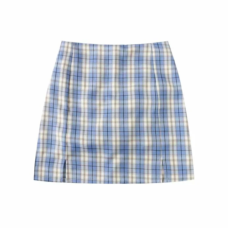 Korean Split Mini Plaid Skirt with Shorts - Image 22