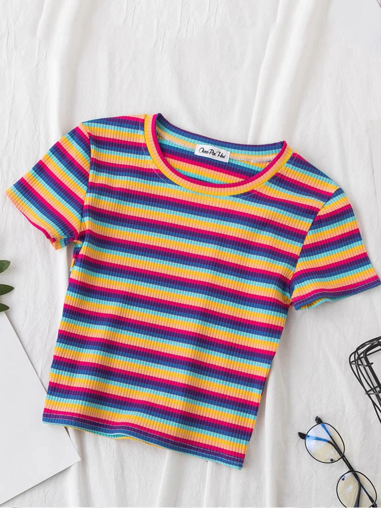 Striped Crop T-Shirt Bright Rainbow - Image 2