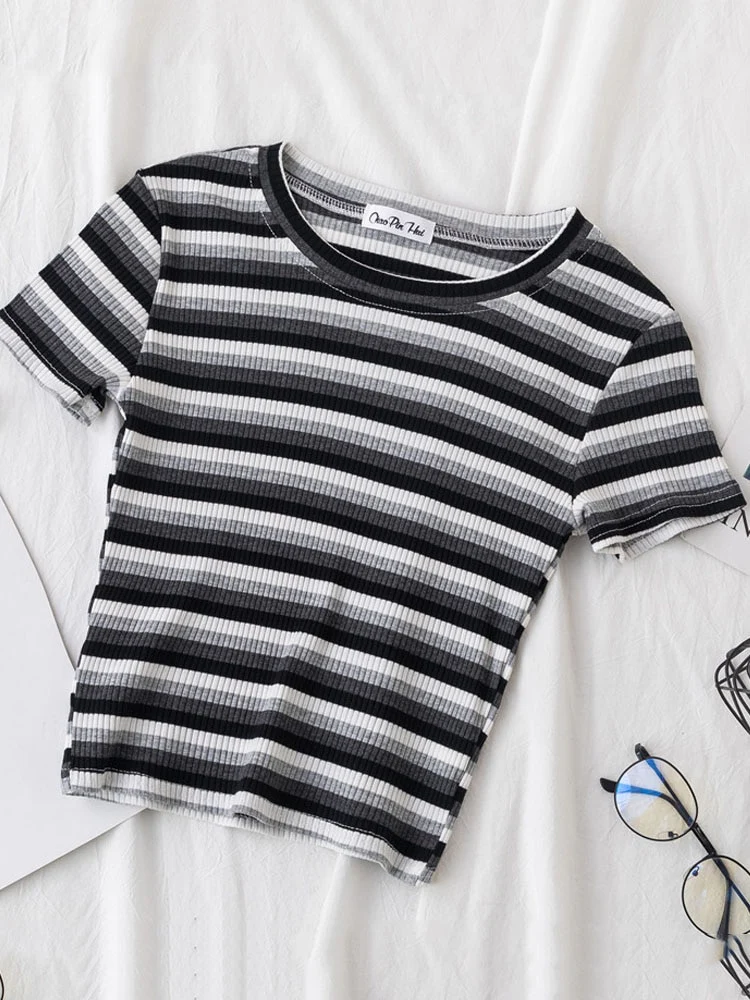 Striped Crop T-Shirt Gray Black White - Image 3