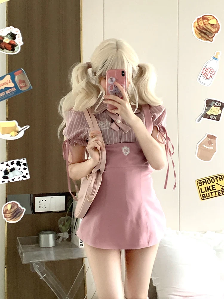 Sweet Girl Pink Blouse Suspender Dress Set - Image 4