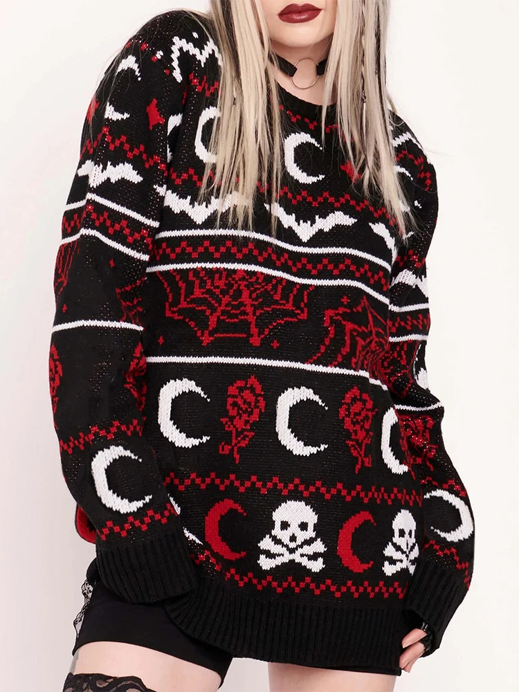 Winter Knitted Sweater Gothic Moon Skull - Image 2