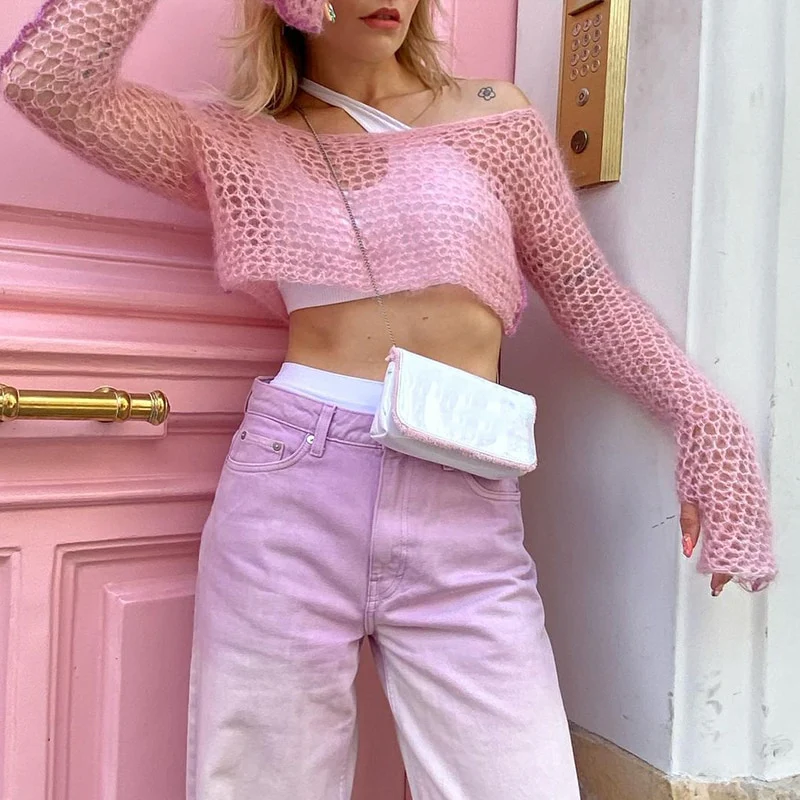 Y2K Sweet Pink Knit Top Crochet